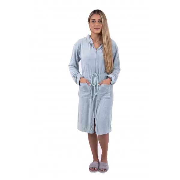 Comfortabele Jersey Badjas voor Dames – Mint/Lichtblauw met Capuchon en Rits Comfortabele Jersey Badjas voor Dames – Mint/Lichtblauw met Capuchon en Rits