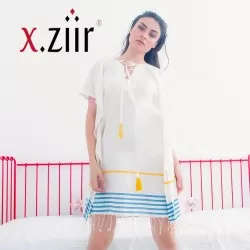 Xziir strand jurk van hamamdoek, Wit Blauw 