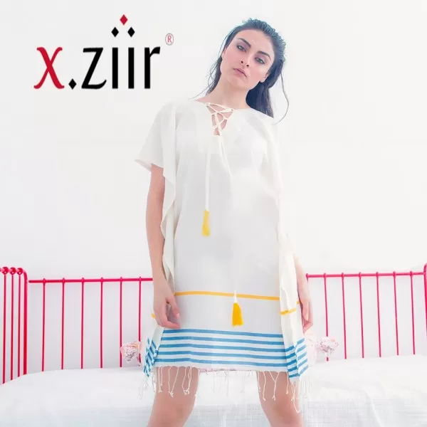 Xziir strand jurk van hamamdoek, Wit Blauw Xziir strand jurk van hamamdoek, Wit Blauw