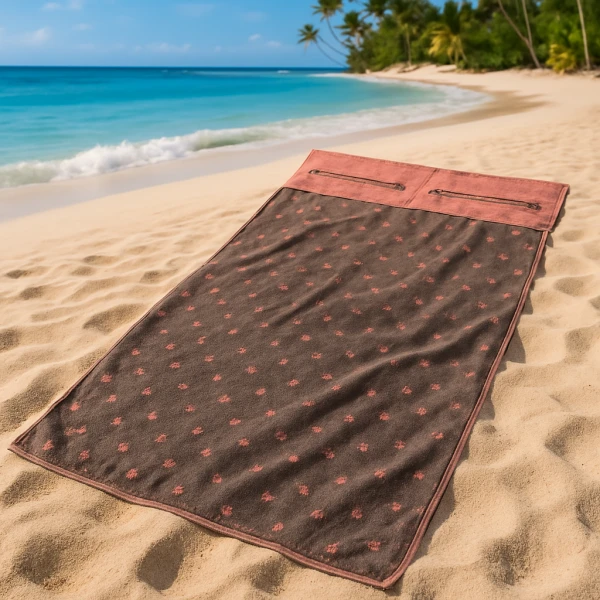 Luxe XXL Strand- & Saunahanddoek – Met Kussenuitsparing en Opbergvakken – Bruin met Roze Accenten Luxe XXL Strand- & Saunahanddoek – Met Kussenuitsparing en Opbergvakken – Bruin met Roze Accenten